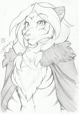 anthro breasts cheek_tuft chest_tuft cloak clothing eyebrow_through_hair eyebrows eyelashes facial_tuft featureless_breasts female fur hair hair_on_shoulders inner_ear_fluff iris looking_at_viewer makeup markings mascara mostly_nude nude open_mouth open_smile pose pupils robe simple_background slit_pupils smile snout solo striped_body striped_fur stripes teeth text translucent translucent_hair tuft ventral_groove whisker_spots white_background conditional_dnp tom_fischbach twokinds tigress_noble_(twokinds) felid mammal pantherine tiger 2019 english_text graphite_(artwork) greyscale hi_res monochrome sketch traditional_media_(artwork)