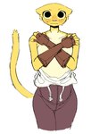 anthro blush blush_lines bodily_fluids bottomwear breasts clothing covering covering_breasts female fur looking_at_viewer pants solo sweat sweatdrop tail undressed yellow_body yellow_eyes yellow_fur lolrnomic microsoft prequel_adventure the_elder_scrolls katia_managan felid feline mammal colored_sketch sketch