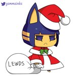 anthro blue_hair christmas_clothing christmas_headwear clothed clothing fully_clothed hair hat headgear headwear holidays sack santa_hat simple_background solo text white_background yellow_body gammainks animal_crossing christmas nintendo padoru ankha_(animal_crossing) domestic_cat felid feline felis mammal 1:1 absurd_res english_text hi_res