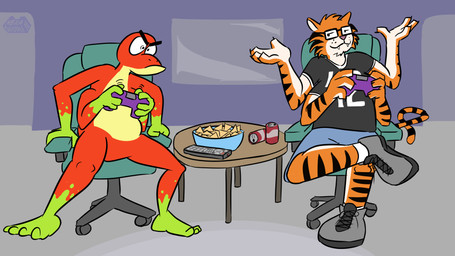 4_arms 4_fingers 4_toes angry anthro belly bent_leg bent_legs beverage beverage_can biped black_clothing black_eyes black_shirt black_striped_fur black_stripes black_t-shirt black_topwear blue_bottomwear blue_clothing blue_shorts bottomwear bowl casual_nudity chair cheek_tuft claws clothed clothed_anthro clothed_male clothing container controller crossed_legs curling_tail duo eyewear facial_tuft fangs feet finger_claws fingers flat_chested food footwear fully_clothed fully_clothed_anthro fully_clothed_male fur furniture game_controller gaming gaming_chair gesture glance glasses green_body green_scales grey_clothing grey_footwear grey_shoes half-closed_eyes head_tuft holding_controller holding_game_controller holding_object humanoid_feet humanoid_hands humanoid_heel inside lines_drawn looking_aside looking_aside_at_viewer looking_at_viewer male markings motion_lines multi_arm multi_limb multicolored_body multicolored_fur multicolored_scales nachos narrowed_eyes nude nude_anthro nude_male number_on_shirt number_on_t-shirt on_chair orange_body orange_fur plantigrade red_body red_scales remote_control ring_(marking) ringed_tail scales shirt shoes shorts shrug sitting sitting_on_chair smug smug_expression smug_eyes smug_face smug_grin socks soda striped_markings striped_tail stripes t-shirt table tail tail_markings tan_body tan_fur teeth toes toony topwear tuft tv_remote two_tone_body two_tone_fur whisker_spots yellow_belly yellow_body yellow_scales hexadoodle hex_(hexadoodle) tigercat amphibian felid frog mammal pantherine tiger 2025 colored digital_media_(artwork) hi_res