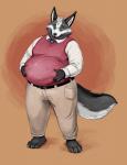 anthro belly big_belly black_body black_fur claws clothed clothing fur hand_on_belly holding_belly male moobs necktie overweight overweight_anthro overweight_male solo standing sweater sweater_vest toe_claws topwear vest white_body white_fur featherhead pacato canid canine fox mammal hi_res