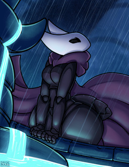 2_horns 4_fingers anthro arthropod_abdomen biped black_eyes breasts cloak clothing featureless_breasts female fingers horn multicolored_body outside raining solo text thick_thighs water drokmars hollow_knight_(franchise) team_cherry hornet_(hollow_knight) arthropod 2025 artist_name english_text hi_res