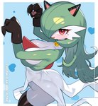 breasts chest_spike claws clothing fake_cat_ears fake_ears female fingers fur green_hair hair handwear legwear red_eyes simple_background spikes spikes_(anatomy) stockings white_body drunk_oak nintendo pokemon gardevoir generation_3_pokemon humanoid mammal pokemon_(species) absurd_res hi_res