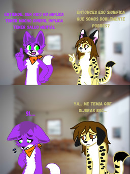 anthro brown_hair dialogue duo female fox_tail fur green_eyes hair humor male purple_body purple_fur spanish tail text only_cats catswell cristhi felid feline mammal serval 3:4 comic hi_res sketch translation_request