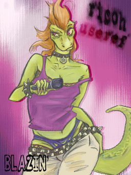 belt clothing collar electronics microphone pose shirt solo tank_top topwear underwear vandclash ricoh_useref lizard reptile scalie hi_res nonbinary_(lore)