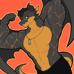 anthro biceps black_body black_horn black_spikes bottomwear clothed clothing facial_spikes flexing flexing_bicep horn jaw_spikes jewelry male membrane_(anatomy) membranous_wings muscular muscular_anthro muscular_male necklace orange_background overbite pendant pronounced_browridge simple_background smile smiling_at_viewer solo spikes spikes_(anatomy) tail topless topless_anthro topless_male wings yellow_body rygel_spkb winged_dragon 2026 digital_media_(artwork) hi_res