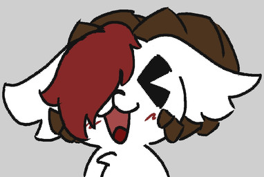 anthro blush chibi fur hair horn male red_hair simple_background smile solo white_body white_fur tanukiweirdo boy_kisser_(meme) gingerdaniel bovid caprine goat mammal digital_media_(artwork) meme pixel_(artwork)