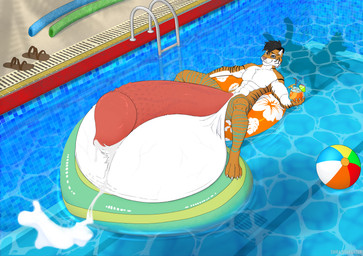 anthro balls big_balls big_penis bodily_fluids caustics genital_fluids genitals huge_balls huge_penis hyper hyper_balls hyper_genitalia hyper_penis male penis pool_float pool_toy precum solo swimming_pool aramisstargazer neo_(redtint) felid feline mammal pantherine tiger absurd_res hi_res