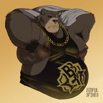 anthro armpit_hair belly black_sclera body_hair brown_body brown_fur clothing fur hand_behind_head male nipples overweight overweight_male shirt solo tank_top topwear undressing sinfulspikes mihoyo zenless_zone_zero ben_bigger bear mammal 2023 hi_res