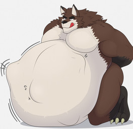 abdominal_bulge anthro belly big_belly brown_body brown_fur fully_inside fur licking licking_lips male male_pred muscular muscular_male same_size_vore tongue tongue_out vore hidi mythology canid canine canis mammal mythological_canine mythological_creature werecanid werecanine werecreature werewolf wolf hi_res