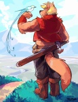 anthro bandage belt biceps black_nose blonde_hair brown_body brown_fur clothing fur hair male melee_weapon muscular muscular_anthro muscular_male orange_body orange_fur red_eyes scar solo sword tail weapon super-tuler jaryl_(character) avian bird canid canine canis mammal wolf hi_res