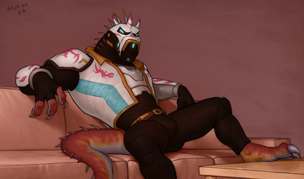 armor bottomwear claws clothed clothing finger_claws headgear helmet male pants simple_background sitting solo toe_claws aduran my_dad_the_bounty_hunter widowmaker_(mdtbh) scalie 2023 dated digital_drawing_(artwork) digital_media_(artwork) hi_res