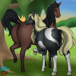 anatomically_correct anatomically_correct_genitalia anatomically_correct_vulva animal_genitalia animal_vulva anus bedroom_eyes big_teats blue_eyes brown_body butt clitoral_winking clitoris clitoris_piercing darkened_genitalia darkened_vulva duo equine_anus equine_genitalia equine_vulva eyelashes female feral furgonomic_piercing furgonomics genital_piercing genitals green_eyes hooves looking_at_viewer looking_back multicolored_body narrowed_eyes outside piercing puffy_anus quadruped seductive sunset teat_piercing teats vulva the_crab_mage jade_(the_crab_mage) equid equine horse mammal 1:1 hi_res
