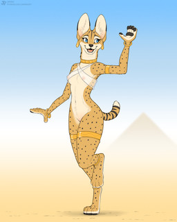 4_toes 5_fingers anthro black_nose black_pawpads blue_eyes bottomless bottomless_anthro bottomless_female breasts clothed clothed_anthro clothed_female clothing ears_up fangs feet female fingers fur gesture hindpaw humanoid_hands long_ears markings navel nipples open_mouth open_smile outside pawpads paws pink_nipples pyramid raised_leg smile solo spots spotted_body spotted_fur tail teeth toes tongue translucent translucent_clothing waving white_body white_fur yellow_body yellow_fur jishinu felid feline mammal serval 2025 4:5 hi_res