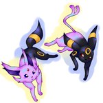 ambiguous_gender black_body black_fur duo feral fur markings purple_body purple_fur sharing simple_background white_background yellow_markings krkr nintendo pokemon eeveelution espeon generation_2_pokemon pokemon_(species) umbreon 1:1 2009 low_res