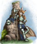 anthro armor female fur grass headgear helmet looking_at_viewer plant shrub smile solo weapon white_body white_fur otakuap aleanora armorbun lagomorph leporid mammal rabbit 2020 hi_res