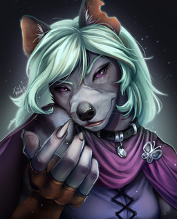 5_fingers anthro brooch butterfly_(accessory) claws cloak clothing collar female finger_claws fingerless_gloves fingers fur gloves grey_body grey_fur hair handwear inviting lower_lip no_sclera notched_ear purple_eyes sleeveless_clothing solo stripes whiskers white_hair ttendy nazreen_(racheltheseeker) gnoll hyena mammal striped_hyena hi_res high_contrast