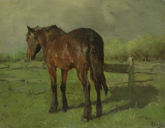 ambiguous_gender brown_body brown_fur butt dusk fence feral fur grass hooves mane mouth_closed outside plant quadruped rear_view shadow snout solo standing tail tree wood wood_fence anton_mauve public_domain equid equine horse mammal 19th_century absurd_res ancient_art full-length_portrait hi_res painting_(artwork) portrait shaded signature soft_shading traditional_media_(artwork) traditional_painting_(artwork)