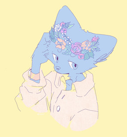 anthro biped blue_body blue_eyes blue_fur clothing flower flower_crown fur kemono looking_at_viewer male pink_clothing pink_shirt pink_topwear plant shirt solo topwear neconuki canid canine canis mammal wolf 2021 hi_res