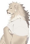 anthro clothing facial_hair goatee male muscular scratching scratching_chest shirt simple_background solo t-shirt tired tongue tongue_out topwear white_background white_clothing white_shirt white_topwear l0sskim felid lion mammal pantherine absurd_res hi_res