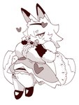 2_tails accessory anthro big_breasts blush blush_lines bodily_fluids bow_ribbon breasts clothing dipstick_ears dipstick_tail dress dress_shoes ear_markings eyebrows eyelashes female frilly frilly_clothing frilly_legwear frilly_stockings gem gloves_(marking) hair_accessory hairband hand_on_breast heart_symbol huge_breasts inner_ear_fluff lace legwear markings multi_tail multicolored_ears nipple_outline open_mouth paws semi-anthro short short_stack side_view snout solo stockings sweat sweatdrop tail tail_markings thick_thighs tuft wide_hips aiknob_2k20 mahou_shoujo_full_heart kokon canid canine fox mammal 3:4 greyscale hi_res monochrome