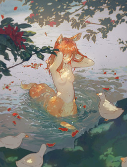 alternate_species animal_ears bathing breasts casual_nudity female feral group hair jewelry necklace necklace_only nude nude_female nude_taur outside partially_submerged red_hair solo_focus taurified water nic_(artist) european_mythology fate_(series) greek_mythology mythology type-moon ritsuka_fujimaru anatid anseriform avian bird centaur duck equid equid_taur humanoid_taur mammal mammal_taur taur 2021 hi_res