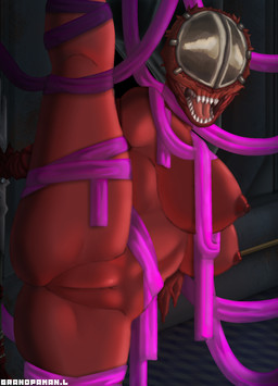 big_breasts breasts butt detailed_background female flexible flirting genital_focus genitals melee_weapon monster_girl_(genre) nightmare_fuel nipples not_furry nude one_leg_up open_mouth pink_ribbon raised_leg red_body ribbons solo splits spread_legs spreading standing teeth tongue vaginal vertical_splits vulva vulva_focus weapon grandpaman limbus_company project_moon monster digital_media_(artwork) hi_res