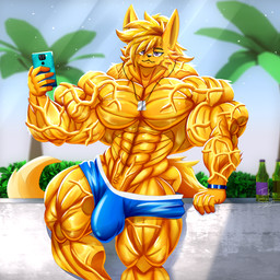 abs anthro big_bulge big_muscles blue_clothing blue_underwear bottle bracelet bulge clothed clothing container detailed_bulge dog_tags electronics fur genital_outline holding_object huge_bulge huge_muscles hyper hyper_muscles jewelry leaning_on_wall looking_at_viewer male muscular muscular_male necklace outside palm_tree penis_outline phone plant shrub smile solo standing tail thick_thighs topless tree underwear underwear_only vein veiny_arms veiny_muscles veiny_thighs yellow_body yellow_fur taiko-sihori canid canine fennec_fox fox mammal true_fox 1:1 hi_res