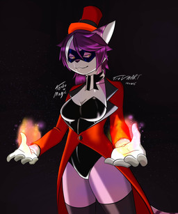 breasts cleavage clothed clothing coat corset costume dark domino_mask eyemask eyewear female fire glowing glowing_eyes hair hat headgear headwear latex legwear light lingerie magic magic_user magician mask purple_hair simple_background solo stockings stripes teddy_(clothing) top_hat topwear yellow_eyes trevhart tenko_magic_(trevhart) domestic_cat felid feline felis humanoid mammal hi_res