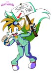 2_tails anthro clothing eyewear gloves goggles handwear jumpsuit male multi_tail sign solo tail conditional_dnp pantyranger sega sonic_the_hedgehog_(series) miles_prower hi_res