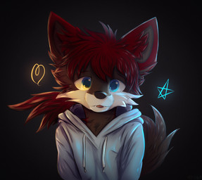 anthro black_background blue_eyes clothing fangs fluffy fluffy_tail fur hair heart_symbol hoodie inner_ear_fluff kemono looking_at_viewer male naughty_face red_body red_fur red_hair simple_background solo star tail teeth tongue tongue_out topwear tuft acronium canid canine fox mammal digital_drawing_(artwork) digital_media_(artwork) half-length_portrait portrait shaded