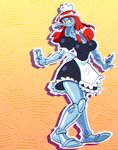 anthro chromatic_aberration clothing female grey_body hair machine maid_headdress maid_uniform red_hair solo uniform galactabee disney ducktales robotica anatid anseriform avian bird duck robot 2020 hi_res