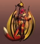 anthro breasts female fire fur hair looking_at_viewer membrane_(anatomy) membranous_wings nipples pink_hair red_body red_fur simple_background solo stick white_body white_fur wings yellow_eyes drxsmokey ruby_(drxsmokey) canid canine fox mammal 2014