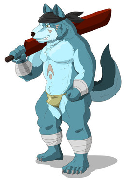 anthro barazoku blue_body blue_fur bulge clothing fur humanoid_hands kemono male simple_background solo underwear white_background raichoclub canid canine canis mammal wolf 2015