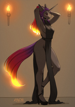 anthro biped breasts clothed clothed_anthro clothed_female clothing eyes_closed female footwear front_view fur grey_body grey_fur hair high_heels horn inner_ear_fluff purple_hair purple_tail red_hair red_tail shoes solo standing tail tuft kittydee mythology equid equine mammal mythological_creature mythological_equine unicorn 2025 digital_drawing_(artwork) digital_media_(artwork) hi_res