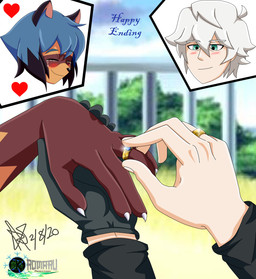 5_fingers anthro black_body black_fur black_hair black_nose blue_eyes blush bodily_fluids brown_body brown_fur clothed clothing crying duo female fingers fur gloves gloves_(marking) grey_hair hair handwear happy heart_symbol human_on_anthro interspecies jewelry male male/female markings marriage_proposal multicolored_hair ring short_hair smile tears tears_of_joy brand_new_animal studio_trigger michiru_kagemori shirou_ogami canid canine human mammal raccoon_dog tanuki 2020 absurd_res digital_media_(artwork) hi_res