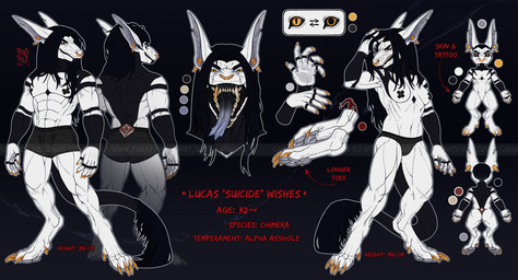 anthro black_hair blood bodily_fluids bottomwear chibi clothed clothing ear_piercing facial_piercing fangs featureless_crotch female front_view gauged_ear grey_bottomwear grey_clothing hair long_hair looking_at_viewer male mouth_shot multiple_piercings nipple_tape nose_piercing nose_ring open_mouth pasties piercing profanity rear_view ring_piercing septum_piercing septum_ring sharp_teeth solo standing tape teeth text topless yellow_eyes riorix english_text hi_res