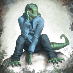 anthro blue_bottomwear blue_clothing blue_jacket blue_pants blue_topwear bottomwear clothed clothing front_view glistening glistening_eyes green_body green_scales jacket male mouth_closed pants scales simple_background sitting solo tail topwear unsigned yellow_eyes khyaber lizard reptile scalie full-length_portrait hi_res portrait