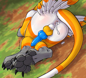 anthro anus balls blue_penis bodily_fluids butt claws cum cum_drip dripping feathers fur genital_fluids genitals grey_body grey_fur lying male on_ground on_side pawpads paws penis solo tail white_body white_fur yellow_body yellow_fur vikas vikas_avali avali hi_res