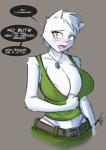 anthro areola areola_slip astra_militarum belt big_breasts blue_eyes blush bodily_fluids bottomwear breasts cleavage clothed clothing dog_tags embarrassed erect_nipples female fur green_clothing hair huge_breasts imperial_guard leucistic military nipple_outline nipple_slip nipples pants partially_clothed simple_background soldier solo standing tears teeth text thong thong_straps underwear warrior white_body white_fur white_hair sexualyeti warhammer_(franchise) warhammer_40000 felid felinid mammal 2016 english_text hi_res url