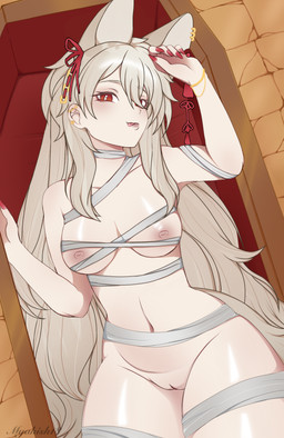 anthro breasts clothing connected_collars ear_piercing female hair language legwear long_hair looking_at_viewer piercing small_breasts solo thigh_highs white_body myakish18 absurd_res digital_drawing_(artwork) digital_media_(artwork) hi_res