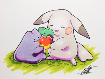 ambiguous_gender anthro duo eyes_closed female food fruit grass holding_food holding_object leppa_berry open_mouth paws plant pokemon_berry purple_body tail tongue white_body 025aki nintendo pokemon pokemon_pokopia ditto_(pokopia) peakychu ditto_(pokemon) generation_1_pokemon goo_creature pikachu pokemon_(species) 2026 absurd_res dated hi_res signature