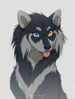 ambiguous_gender black_body black_fur black_nose blep blue_eyes cheek_tuft eyebrows eyelashes facial_tuft feral fur grey_body grey_eyebrows grey_fur heterochromia looking_away pink_tongue simple_background snout solo text tongue tongue_out tuft yellow_eyes azzai azzai_wanderia_(azzai) canid canine canis mammal wolf 2018 colored colored_sketch digital_drawing_(artwork) digital_media_(artwork) shaded simple_shading sketch url