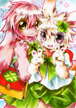 5_fingers :3 anatomically_inaccurate anatomically_inaccurate_pawpads anthro anthrofied backpack blush brown_eyes chest_tuft clothed clothing clover_(plant) dress duo eyelashes female fingerpads fingers fluffy fully_clothed fur gesture hair hand_gesture kemono long_ears pawpads paws pink_body pink_fur plant purple_eyes ribbons short_fur star teeth tuft v_sign white_body white_fur jeniak happy_happy_clover sayuri_tatsuyama clover_(happy_happy_clover) mallow_(happy_happy_clover) domestic_rabbit lagomorph leporid lop_rabbit mammal oryctolagus rabbit 2011 colored_sketch sketch traditional_media_(artwork)