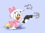 accessory anthro blue_background bow_(feature) bow_accessory bow_ribbon centered_hair_bow clothing dialogue dress female grappling_hook hair_accessory hair_bow hair_ribbon ribbons simple_background solo text young rechicken-and-waffles disney ducktales ducktales_(2017) webby_vanderquack anatid anseriform avian bird duck english_text