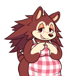 anthro apron big_breasts breasts brown_body clothing female freckled_face freckles overweight pink_apron pink_clothing solo tail guywiththepie animal_crossing nintendo sable_able eulipotyphlan hedgehog mammal 1:1