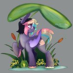bat_wings cutie_mark eyewear female feral flower glasses hair hooves lily_pad membrane_(anatomy) membranous_wings multicolored_hair multicolored_hooves multicolored_tail piercing plant raining reeds round_glasses solo tail wings thefoxwife hasbro my_little_pony amphibian bat_pony equid frog mammal hi_res