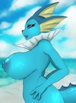 2021 anthro anthrofied areola beach bedroom_eyes big_breasts blue_areola blue_body blue_nipples blue_skin breasts cloud eeveelution eyelashes fangs female fingers frill_(anatomy) generation_1_pokemon half-closed_eyes hand_on_hip hi_res huge_breasts looking_at_viewer narrowed_eyes nintendo nipples nude nude_beach open_mouth open_smile outdoor_nudity outside pokemon pokemon_(species) pokemorph purple_eyes robunii sea seaside seductive sky smile solo standing teeth vaporeon water