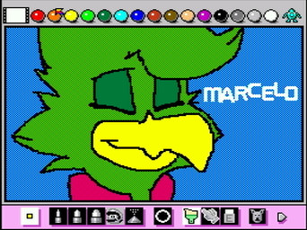 anthro art_program_in_frame beak blue_background clothing eyes_closed feathers green_body green_feathers male screencap simple_background solo rodricoro mario_paint marcelo_canario avian bird bust_portrait digital_media_(artwork) dithering mario_paint_(artwork) portrait