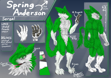 anthro green_body green_eyes male solo spring_anderson text galma sergal absurd_res detailed english_text hi_res model_sheet signature